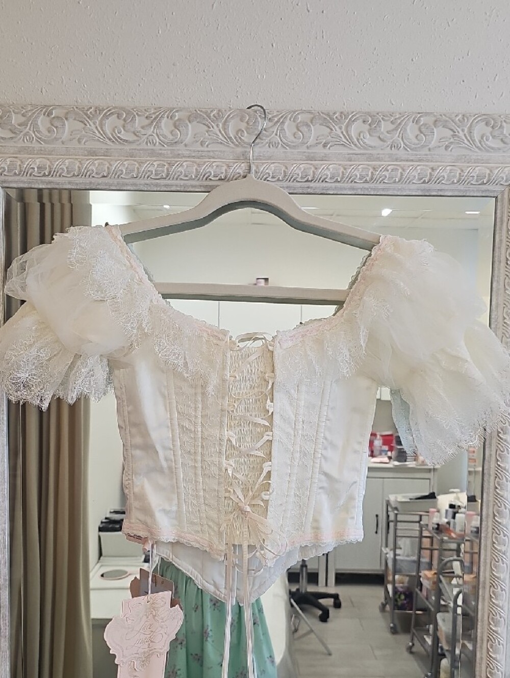 Lace Off-Shoulder Corset Top in White and Pale Pink - Picture 6 of 10